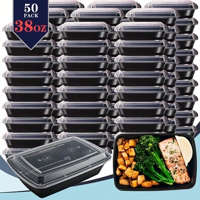  GXDOX 38oz 50 Pack Black Rectangular Meal Prep Containers With Lids, Food Storage Container, Disposable Plastic To Go Containers, Bento Box, Stackable, Leak-Proof, MicrowaveSafe, DishwasherSafe, Kitchen Organizers And Storage