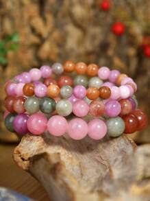 Pulsera de piedras naturales color rosa primaveral, set de pulsera de estilo bohemio con perlas de sunstone, cuarzo rosa y lepidolita, cadena de cristales de equilibrio energético para yoga, apta como regalo para mujeres