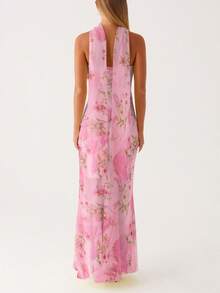 Women Y2k Floral Tube Maxi Dress With Scarf Sleeveless Strapless Backless Mesh Long Bodycon Dresses Formal Cocktail Sundress - Hồng - Xem 4