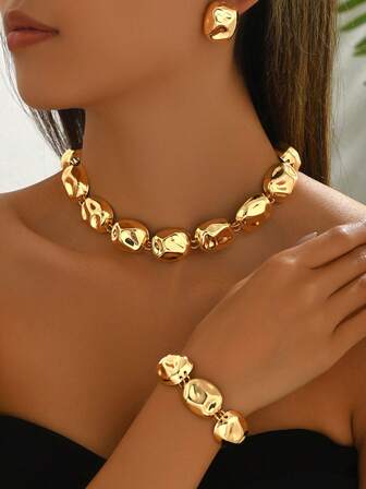 1 Set Luxury Elegant Metal Necklace, Earrings, Bracelet Jewelry Set For Women, Suitable For Wedding, Party, Holiday, Gift, High-End Exquisite Design