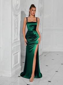 ADYCE Vestido de fiesta elegante de mujer con tirantes de espagueti, fruncido delantero, abertura en la espalda y falda vaporosa, para ocasiones formales, bodas y eventos