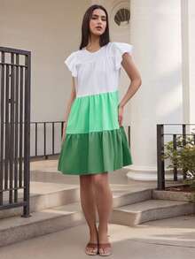 Women Contrast Color Midi Dress Loose Ruffle Sleeve Round Neck Tiered Ruffle Dress Casual Summer Clothes - màu xanh lá - Xem 8