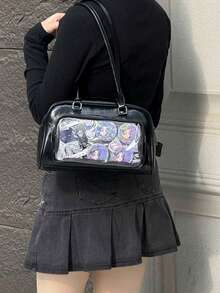 日系元素新款pu皮黑色丝带蝴蝶结透明娃娃机车包大容量休闲简约女生购物单肩斜挎包 - 黑色 - 查看 4