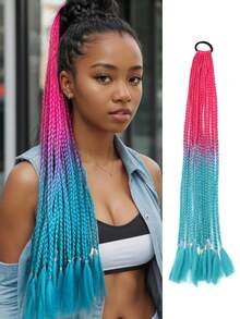 2-Pack Handwoven Colored Ponytail Wig 24-Inch Rubber Band Colored Braid Hair Extensions Ladies Party Role Play Holiday Dress Stage Show Accessories Three-Strand Braid Wig - S29 - 查看 1