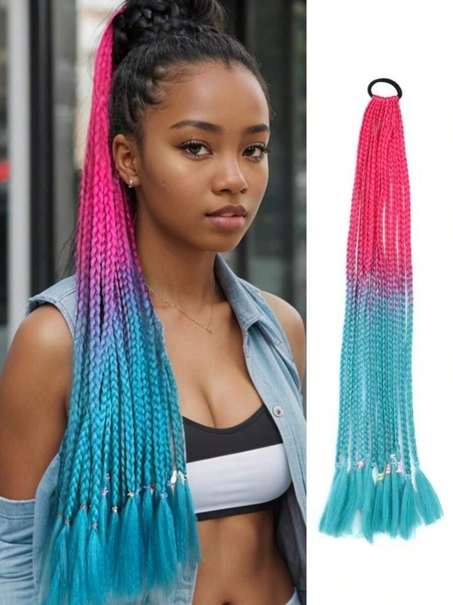 2-Pack Handwoven Colored Ponytail Wig 24-Inch Rubber Band Colored Braid Hair Extensions Ladies Party Role Play Holiday Dress Stage Show Accessories Three-Strand Braid Wig - S29 - 查看 1