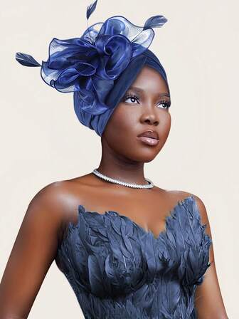 1 件欧美网状羽毛花卉欧根纱高顶礼帽发饰，涤纶面料，舒适且适合派对、婚礼、度假、所有季节