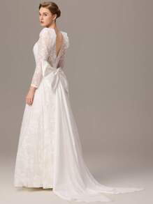 EVER-PRETTY Sexy florales Spitze Rundauschnitt Rücken V Langarm lang Schleppe zarte Brautkleid Hochzeitskleid mit großer Schleife für Outdoor Rasen Hochzeitsfeier