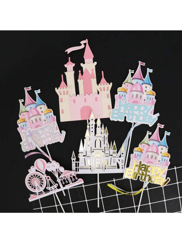 Shiny Paper Castle Cake Decorations Set, Birthday Dessert Table Decor, Cartoon Double-Layer Colorful Castle Cake Toppers