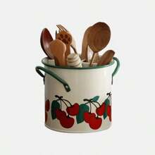 Vintage Floral Cast Iron Utensil Holder With 4 Compartments – Spoon, Fork, And Chopstick Rest, Cherry Pattern Drain Basket Organizer For Kitchen, Kitchen Utensils