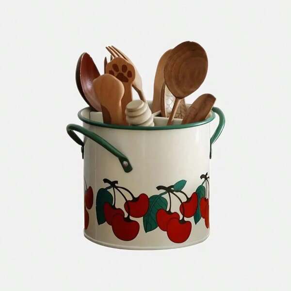 Vintage Floral Cast Iron Utensil Holder With 4 Compartments – Spoon, Fork, And Chopstick Rest, Cherry Pattern Drain Basket Organizer For Kitchen, Kitchen Utensils