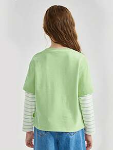 3 件套女孩可爱长袖 T 恤，年轻女孩淑女 T 恤，条纹撞色 2 合 1 上衣 - 彩色 - 查看 6