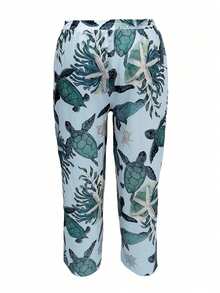 Plus Women's Elastic Waist Printed Straight Leg Pants With Pockets - Baby Blue - View 2