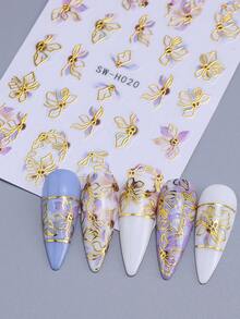 4片优雅彩色蓝色花朵美甲贴纸，花卉线条美甲贴花，金箔3D滑动美甲装饰，适合春夏美甲用品 - 彩色 - 查看 9