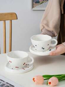 1 Set Of 350ml Hand-Painted Cherry Ceramic Mug And Saucer, Saudi Coffee Cup (1 Cup And 1 Saucer), Exquisite Retro High-Temperature Resistant Ceramic Cup, Unique Fruit Pattern Element, Microwave And Dishwasher , Suitable For Holding Water, Milk, Oatmeal, Tea, Juice, Breakfast, Coffee, Beverages And Other Hot/Cold Drinks - Multicolor - View 11