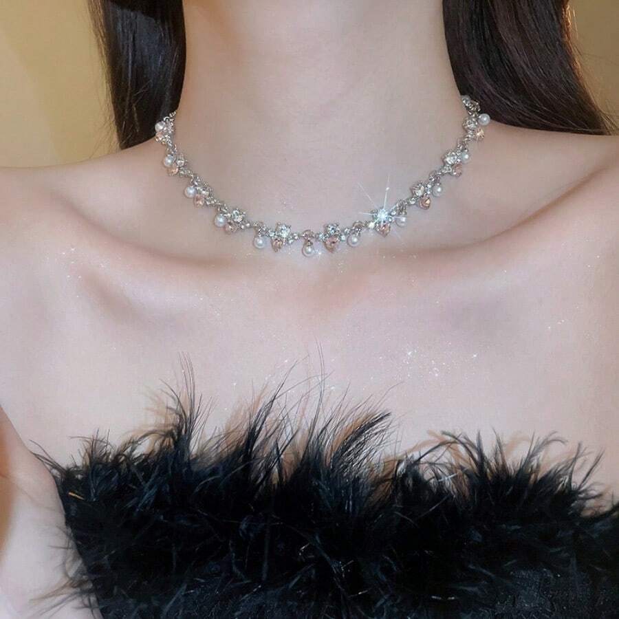 Andkiss 1pc Rhinestone Pearl Square Heart Necklace - Silver - View 1