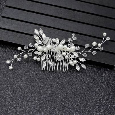 Handmade Adjustable Pearl Hair Comb, White Crystal Hair Ornament, Party/Wedding Hairstyle Accessory, Bride Hair Clip (Excluding Box) Valentine's Day Accessories