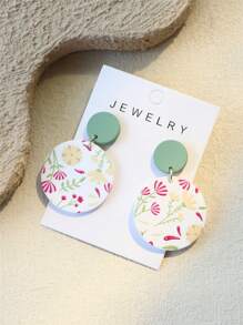 1 Pair Women's Elegant Ceramic Textured Small Yellow Flower Print Round Acrylic Earrings