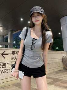 简约 U 领短袖 T 恤，弹力修身纯色百搭休闲上衣 - 灰色 - 查看 1