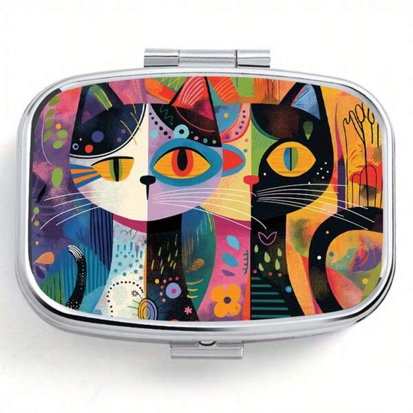 1pc Abstract Cat Pattern Printed Square Pill Box, Two-Grid Pill Box, Mini Carry-On Portable Pill Box, Portable Pill Box For Travel Outdoor Sports Pocket Or Purse Bag, Decorations Jewelry Earrings Multifunctional Metal Box