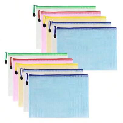 10 Stücke Dokumententaschen in A4, wasserdichte A4 Reißverschluss-Tasche, A4 Plastik-Reißverschluss-Tasche, für Unterlagen, Quittungen, Schulmaterial, Reisezubehör, 5 Farben (A4), Schulanfang
