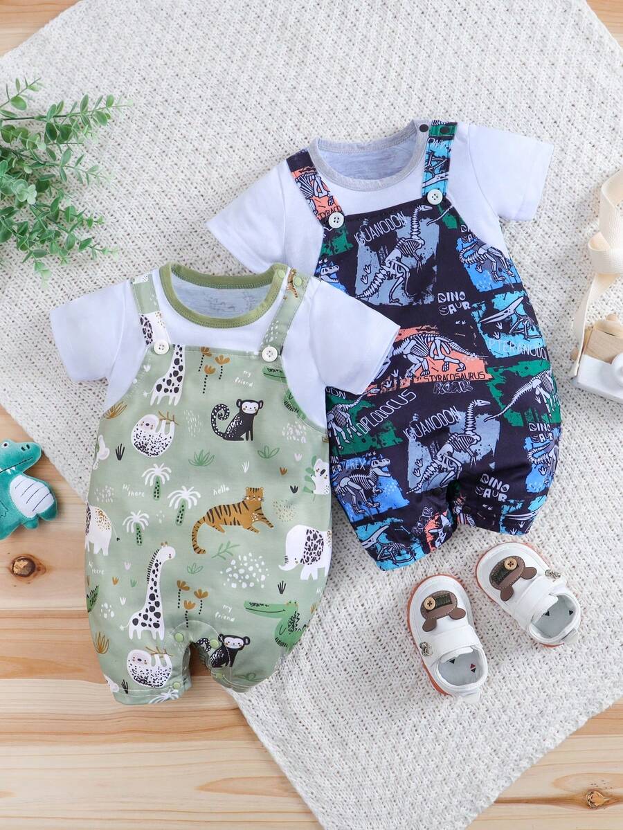 2pcs/Set Summer Baby Boys Cartoon Animal & Dinosaur All Over Print 2 In 1 Bib Overalls Jumpsuit Outfit