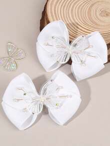 2pcs Sweet Butterfly Hair Bow Clips For Toddlers Girls ,Lace Butterfly Decor Hair Bows ,Exquisite Faux Pearls Decor Hair Pins ,Alligator Clips ,Kids Teens Hair Accessories ,Suitable Daily Life ,Vacation (Beige /Pink ) - Multicolor - View 4