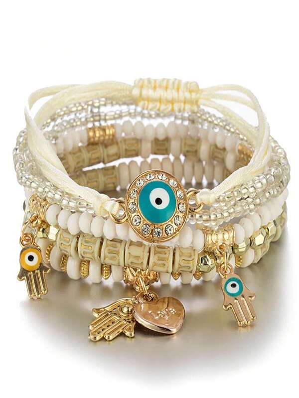 Set de 4 pulseras de estilo bohemio con cuentas acrílicas de ojo malvado y corazón, adecuadas para uso diario de mujeres