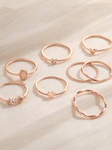 FUNEIA 8PCS/Set 14K Gold Plated Stackable Rings - Dainty Cubic Zirconia Heart & Plain Band Stacking Rings For Women, Non-Tarnish Everyday Jewelry Gift - Rose Gold - View 3