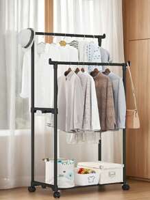 1pc Easy Assemble Floor Standing Drying Rack, Single Rod Double Rod Storage Rack, Garment & Hat Rack, Balcony Drying Rack With Swivel Wheels, Movable Storage Organizer
