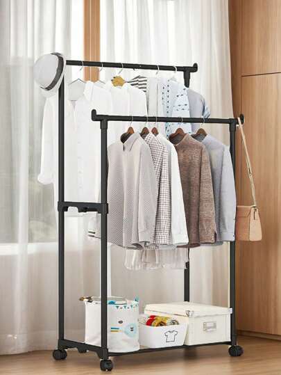 1 pieza Secador de piso de montaje sencillo, estantería de almacenamiento de barra doble, perchero de ropa y sombrero, secador de balcón con ruedas giratorias, organizador de almacenamiento móvil