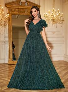 Women V-Neck Ruffle Sleeve Waist Shiny Elegant Party Evening Dress