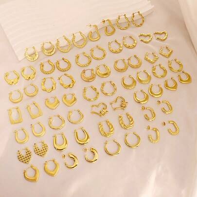 36款随机款不锈钢金色U型麻花/蛇纹/不规则爱心折线油压耳环