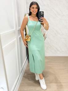 Women's Long Viscose Dress With Slit, Stretch And Elegant Lining For Summer - 薄荷綠 - 查看 3