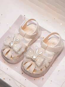 1 Pair Solid Color Fashion Simple British Style Pearl Bowknot Flat Shoes For Girl Princess - Beige - View 5