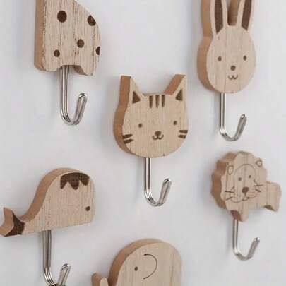 2/4/8个装木制动物墙钩，自粘式，可用于悬挂钥匙、毛巾、帽子、包包和小饰品，质朴的木质装饰，适用于玄关、浴室、厨房和卧室，可爱的野生动物造型设计，尤其适合儿童房。采用强力背胶，承重可达1公斤，节省空间，收纳整理方案，轻松粘贴安装，是家居和宿舍焕新的理想之选。