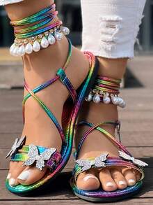 彩色交叉带系带女式凉鞋，3D 水钻蝴蝶装饰平底舒适沙滩鞋，夏季新款休闲鞋 - 彩色 - 查看 8