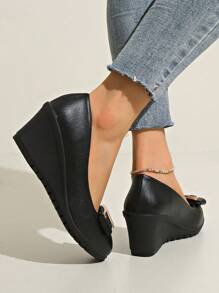 Floral Work Shoes, Lightweight And Non-Slip, Wedge Heel, Black Leather Slip-On Office Shoes For Women