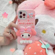 Sanrio Custodia protettiva in silicone 3D, compatibile con Apple 16/15, con motivi cartoni animati carini rosa e Melody della linea Sanrio, per la piena copertura del telefono