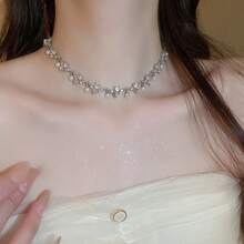 Andkiss 1pc Rhinestone Pearl Square Heart Necklace - Silver - View 3