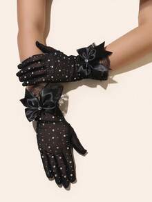 1 Pair Women's Elegant Short Gloves With Rhinestones, Mesh, Lace Trim And Bow Accent - White - View 1