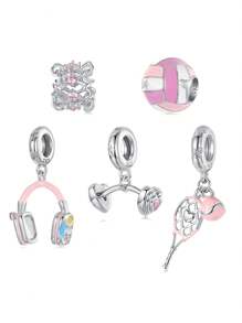 WOSTU 1pc 925 Sterling Silver Pink Girl Style Fitness Equipment Series Pendant Pink Volleyball Dumbbell Headphones Tennis Design Beads Bow Spacer Beads Pendant Fit For Women Original Bracelet Fine Jewelry Gift