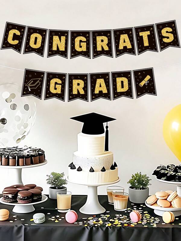 Decoraciones de graduación Clase de 2025 - Pancarta de felicitaciones - Decoraciones de fiesta de graduación 2025 - Pancarta de enhorabuena negra y dorada para la fiesta de graduación