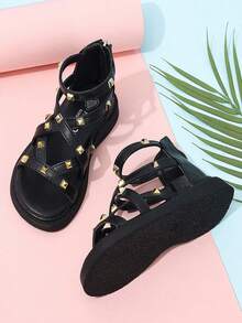 1 Pair Girls' Summer Solid Color Open Toe Fashion Sandals, Soft & Comfortable Lining, Durable Sole - Black - View 3