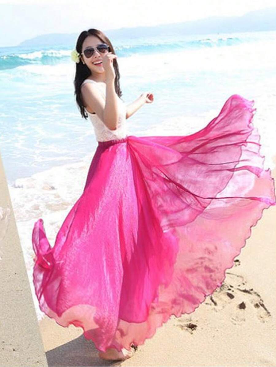 LUCIDVUE 女士夏季连衣裙孔雀蓝闪光面料双层雪纺裙两种穿法海滩度假装大摆优雅裙子回力长裙 - 玫紅色 - 查看 1