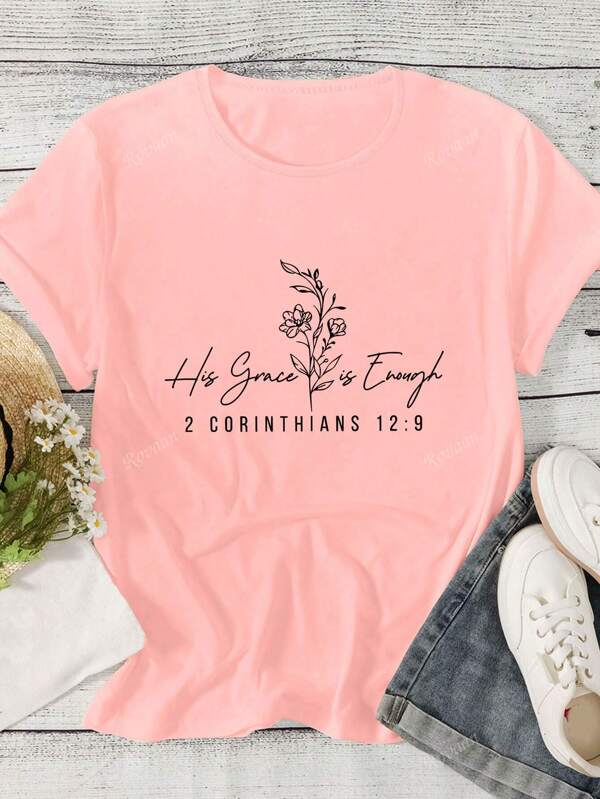 Women's Summer Letter & Floral Print Round Neck Short Sleeve Casual Versatile T-Shirt