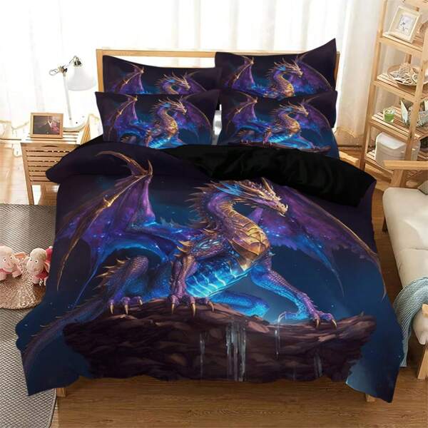 مجموعة غطاء لحاف ناعمة ومريحة بطراز التنين لسرير فردي 2/3 قطع، مجموعة ملاءة سرير بتصميم إنتركتك ذهبي لسرير فردي للأولاد، مجموعة ملاءة سرير التنين لسرير أطفال فردي، مجموعة ملاءة سرير رسوم متحركة تنين لسرير أطفال فردي 1* غطاء لحاف + 1/2 *كيس وسادة، بدون لحاف