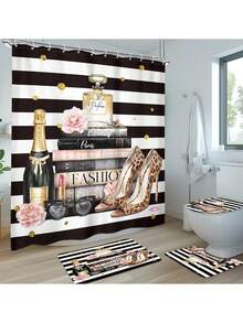 1/4 Pcs Book High Heel Floral Shower Curtain Set, Fashionable Pattern Decorative Shower Curtain, Washable Polyester Shower Curtain Set With 12 Hooks, Non-Slip Bathroom Rug, U-Shaped Toilet Lid, Polyester Shower Curtain Bathroom Decor