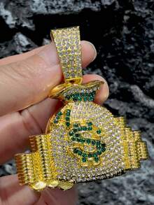 一套男士嘻哈镀金现金袋吊坠项链+绿色手表挂饰