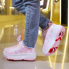 Mini 4-Wheel Shoes With Butterfly Decal On Upper, TPR Detachable Wheels On Sole, Quick For Sliding And Walking, All-Season Roller Shoes
