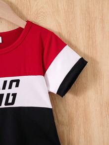 Young Boys' Spring And Summer Letter King Printed Contrasting Splicing T-Shirt+Contrasting Splicing Pants Two Pieces Set - Multicolor - View 4